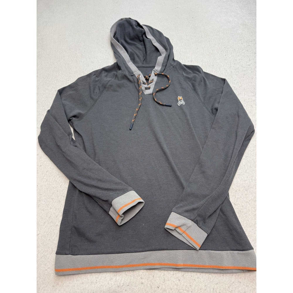 Psycho Bunny Hoodie Mens Medium Gray Lace Up Lightweight Pullover Skull Logo